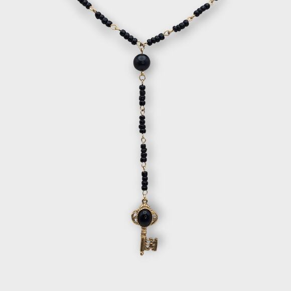 Black Beaded Y-Drop Key Necklace 1928 Brand Gold Vintage Gothic Revival Style - Picture 3 of 8